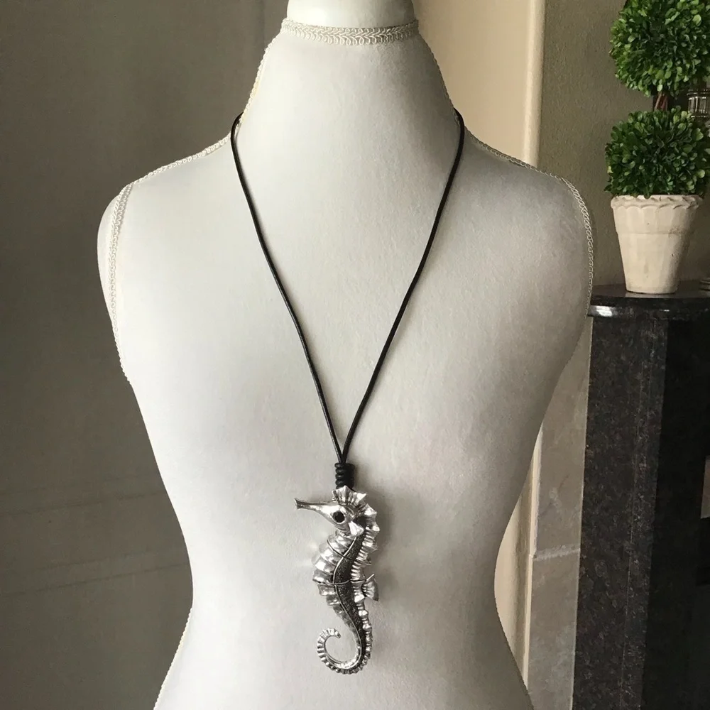 Seahorse Statement Necklace Black Cord Rhinestone Eye Reticulated Florida Beach